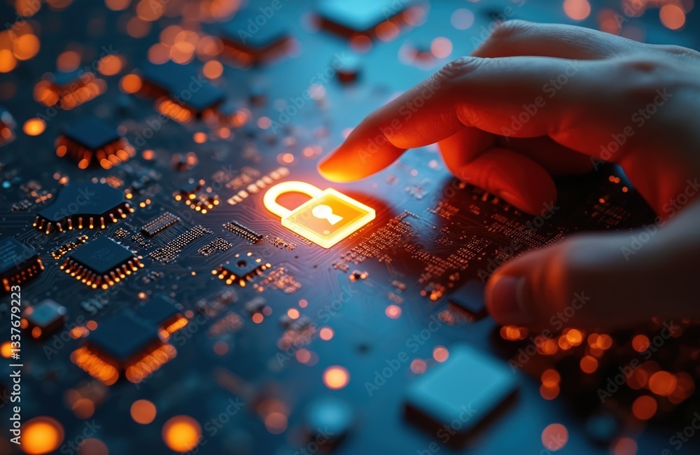 Poster finger touches glowing key icon on circuit board. it symbolizes advanced security in digital tech, d