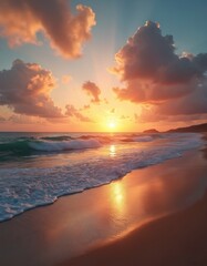 Amazing sunset over beach. Sun reflects on wet sand. Ocean waves rolling on shore. Orange sunlight through clouds. Paradise wallpaper. Vacation background. Beautiful light on sea and sand at dusk.