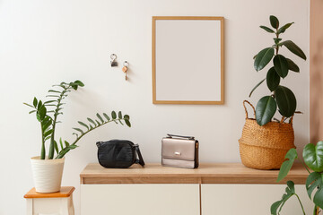 Interior of stylish hall with chest of drawers, handbags, houseplants and keys hanging on white wall