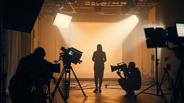 Silhouetted television studio scene showing camera operators and a woman under stage lighting against a bright backdrop.