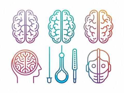 Linear Neurosurgery Icons:  Surgical Instruments & Brain Procedures