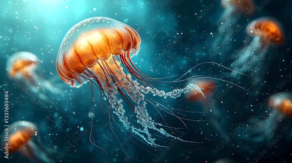 Poster captivating image of a group of bioluminescent jellyfish drifting through the deep sea their glowing