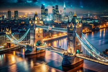 Fototapeta premium London Skyline Night Aerial Panoramic Double Exposure Closeup Tower Bridge