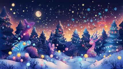 Enchanted Christmas Forest Magical Winter Night with Festive Animals