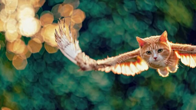 Whimsical orange tabby cat levitating mid-air with radiant golden illumination forming wing-like extensions against a soft, blurred emerald landscape
