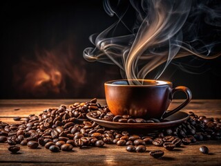 Long Exposure Coffee Beans & Hot Coffee Cup - Dark Background Stock Photo