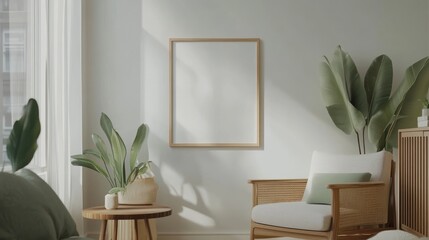 Modern living room with empty frame, plants, and natural light