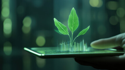 holographic plant grows from tablet, symbolizing sustainable technology