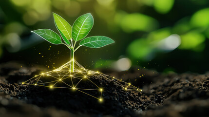 small plant with glowing roots symbolizes AI powered sustainable growth