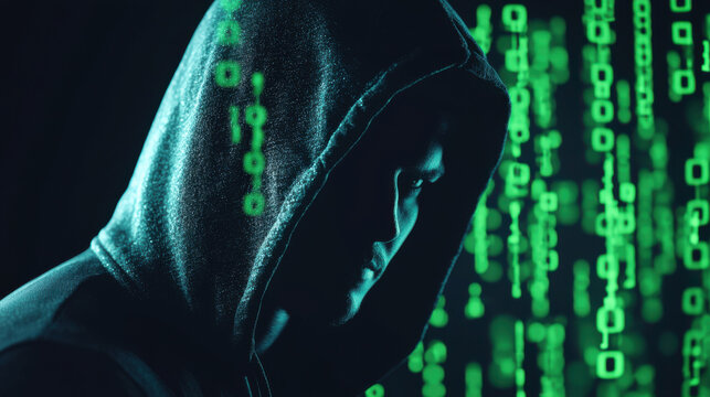 mysterious hacker in dark setting with green binary code