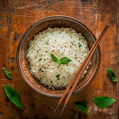 bowl of white rice arranged on a wooden table with chopsticks