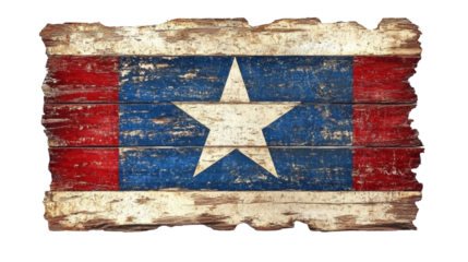 A weathered representation of the North Korean flag featuring a central white star on a blue field, bordered by red stripes.