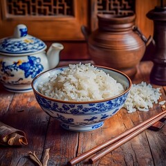 blue and white bowl of cooked white rice, chopsticks, asian decor	
