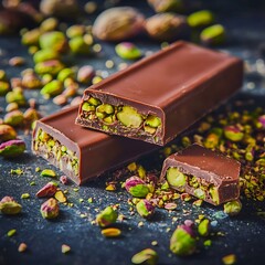 pistachio chocolate bar, broken to reveal pistachio filling, surrounded by crushed pistachios, dark background