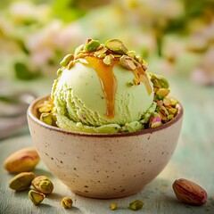 pistachio gelato, ice cream in a ceramic bowl, topped with pistachios and drizzled with golden syrup