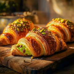 pistachio croissants, with green pistachio cream topped with crushed pistachios