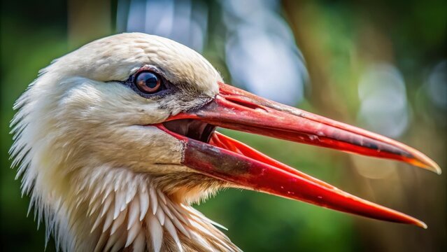 A close-up of a stork's beak with sharp teeth bared in a fierce snarl, its feathers ruffled and feathers puffed out in agitation , beak snap, ornithic ire