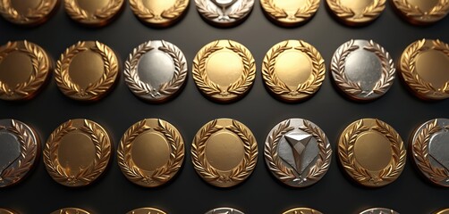 Glistening gold, silver laurel wreaths on black background. Shiny medals, awards emblems, metal coin badges. Success, victory, championship, achievement template with round decorative ornate sign.