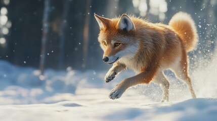 Obraz premium Fox running through a snowy forest, capturing a moment of agility and grace