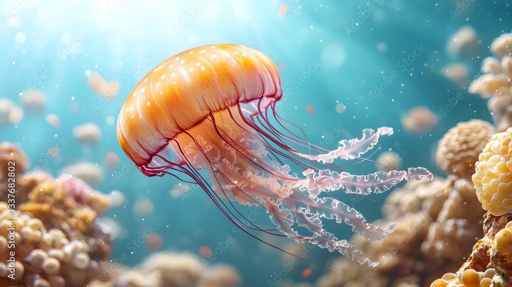 Poster mesmerizing comb jelly floating in the open ocean its rainbow like cilia shimmering as it moves with