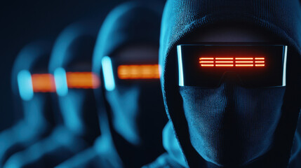 Futuristic hackers in glowing visors create mysterious atmosphere