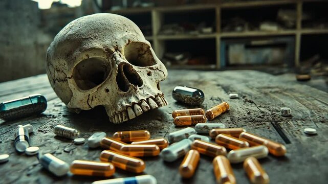 Skull and capsules on a worn wooden table in an abandoned setting