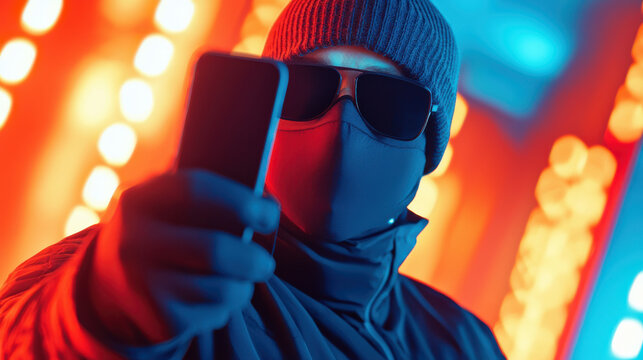 Masked figure in neon lit room holding smartphone, creating mysterious vibe