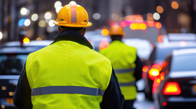 Traffic officers in yellow vests direct vehicles on busy city street