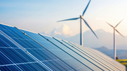 Solar panels and wind turbines harness renewable energy