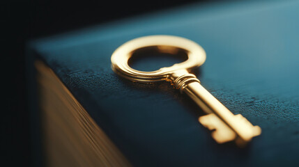 Golden key resting on ancient book, symbolizing mystery and discovery