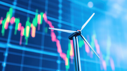 Wind turbine model with stock market graph in background, symbolizing sustainable energy
