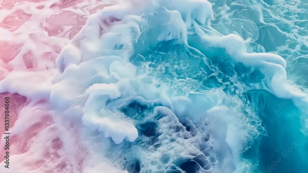 Poster waves crash against shore creating beautiful patterns of foam and water