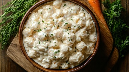 Creamy potato salad in wooden bowl, garnished with greens and carrot