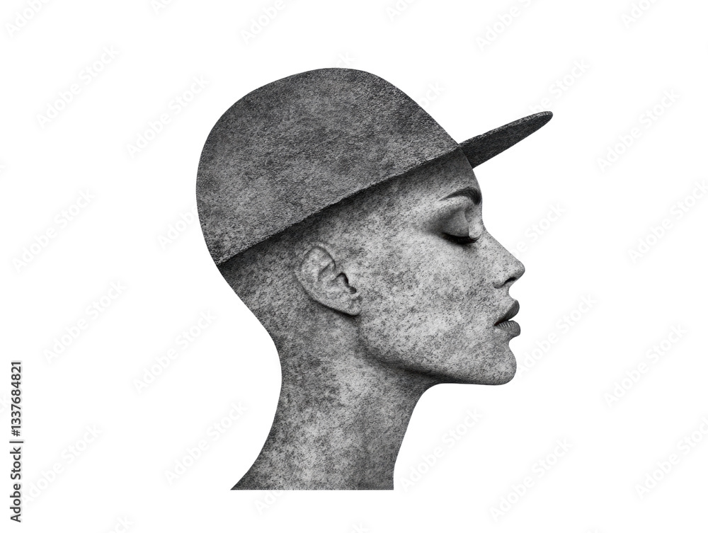 Poster a stylized profile of a person with a hat, showcasing a unique textured appearance.