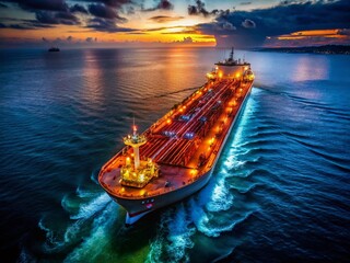 Low Light Aerial View: Oil Tanker Ship at Sea, Copy Space for Text