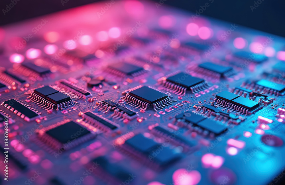 Poster silicon wafer with microchips for integrated circuits fabrication in electronics. colorful tech comp
