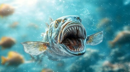 A school of barracudas swimming in tight synchronized formation their sharp gleaming teeth flashing as they move through the underwater scene with ample copy space for text overlay