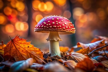 Low Light Forest Fungi: Red & White Mushroom on Autumn Leaves Stock Photo