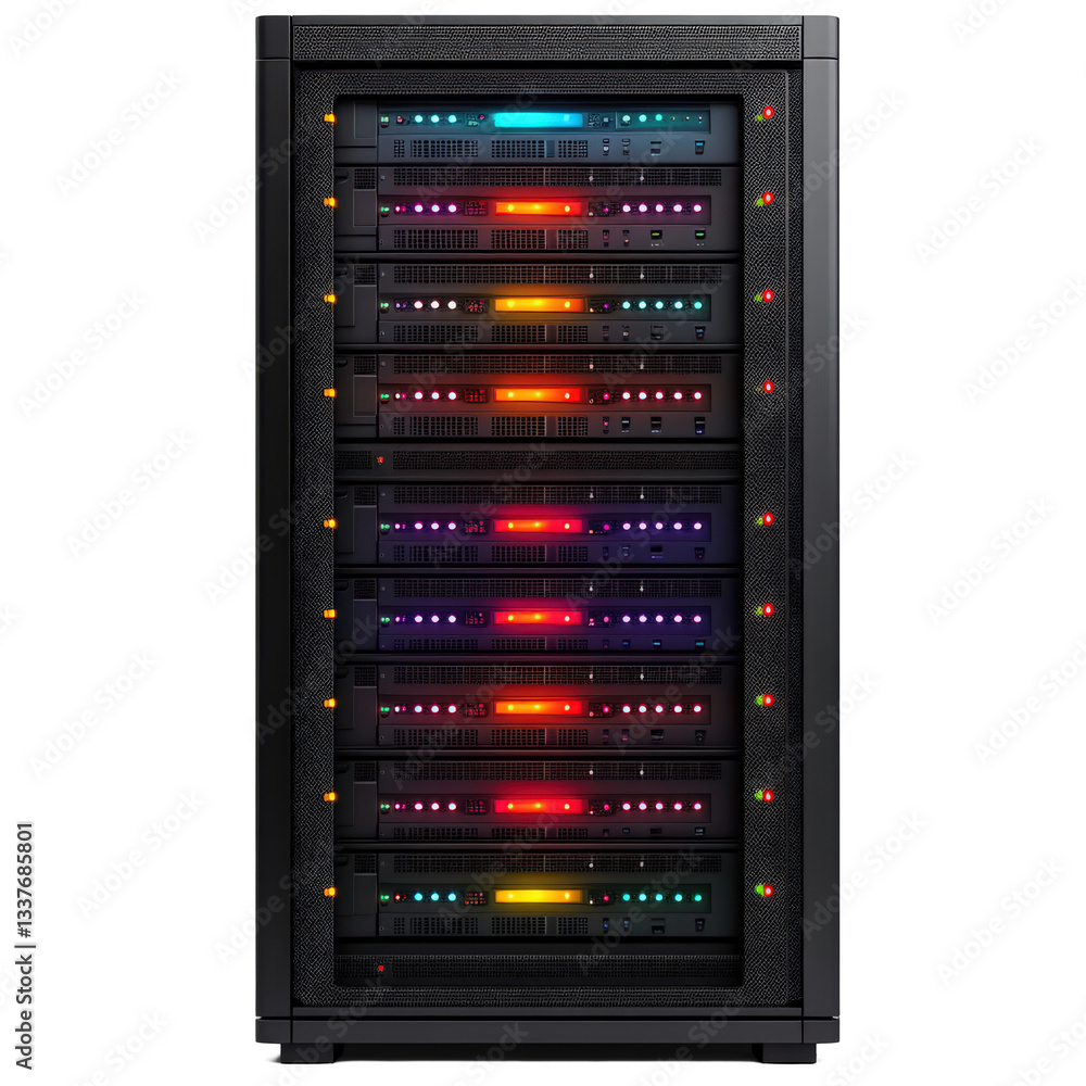 Poster network server cabinet illuminated with vibrant multicolored indicator lights