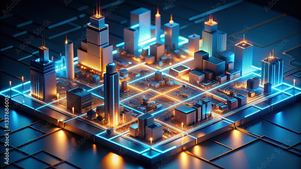 Poster low light isometric city navigation map: abstract 3d design
