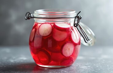 Pickled sliced red radish in glass jar. Homemade fermented traditional food. Healthy eating vegetarian appetizer. Preserved sour organic vegetable with vinegar on table. Copy space on dark background.