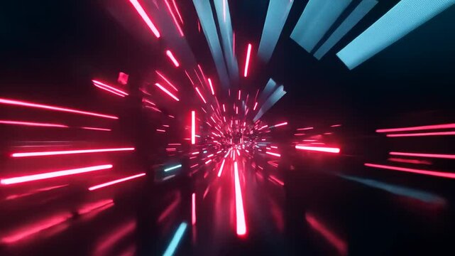 Futuristic neon light tunnel with high speed, digital background motion graphics
