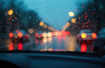 Traffic through wet car windscreen on rainy night. Blurred lights create bokeh effect. Abstract transportation background with raindrops road glowing in the dusk. Safe drive concept. Poor visibility.