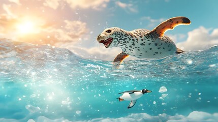 Obraz premium Powerful Leopard Seal Hunting a Penguin Beneath the Icy Antarctic Ice Sheet Its Streamlined Body Slicing Through the Frigid Water in a Dramatic Underwater Photography Scene