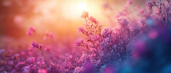 Vibrant sunset over blooming wildflowers in nature