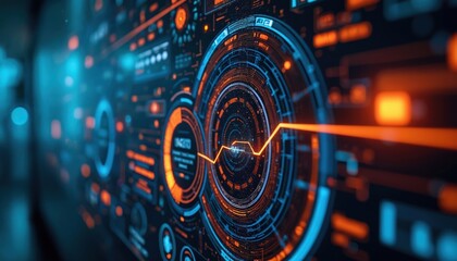 Hi-tech glowing digital interface. Blue HUD circles, orange line graph, tech details. Futuristic display, data analysis, solutions, technology background, software development, UI design, digital