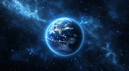 Earth in the vastness of space.  A vibrant, detailed view of our planet, set against a backdrop of cosmic nebulae and countless stars