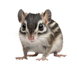 Obraz premium Adorable Striped Flying Squirrel with Big Eyes and Cute Pink Nose Close-up Portrait of Small Rodent Pet Isolated on Transparent and White Background