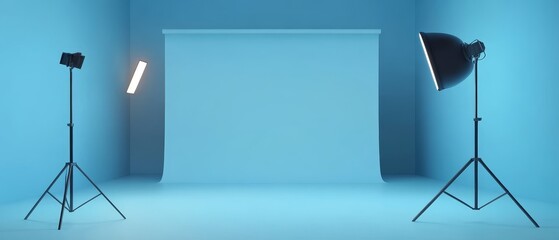 3D rendering of an empty photo studio with backdrops and a spotlight illuminating a gradient blue room, featuring a blank, versatile space perfect for showcasing various scenes, product photography. 