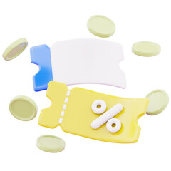 Shopping promotional discount or coupon label with coin representing low price shopping sale deal 3d render illustration image